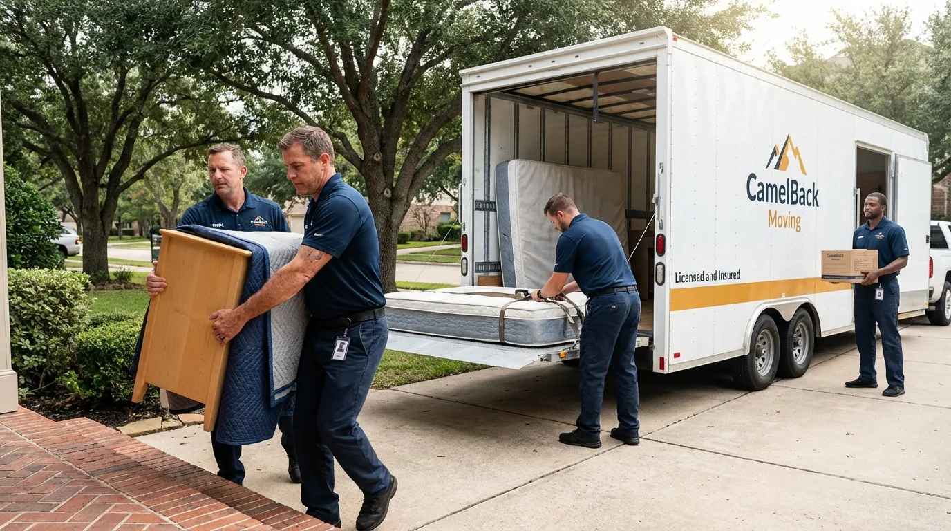 Crew loading residential truck for cross-state move from Edgewood, TX