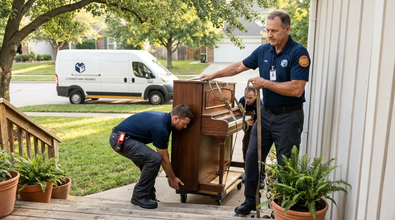 Licensed piano movers securing grand piano in Edgewood, TX