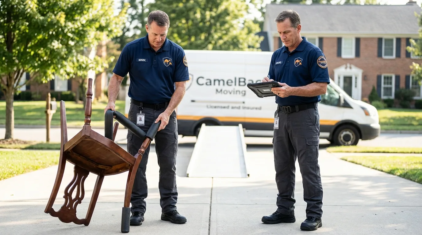 Movers inspecting furniture for damage prevention before loading in Edgewood, TX