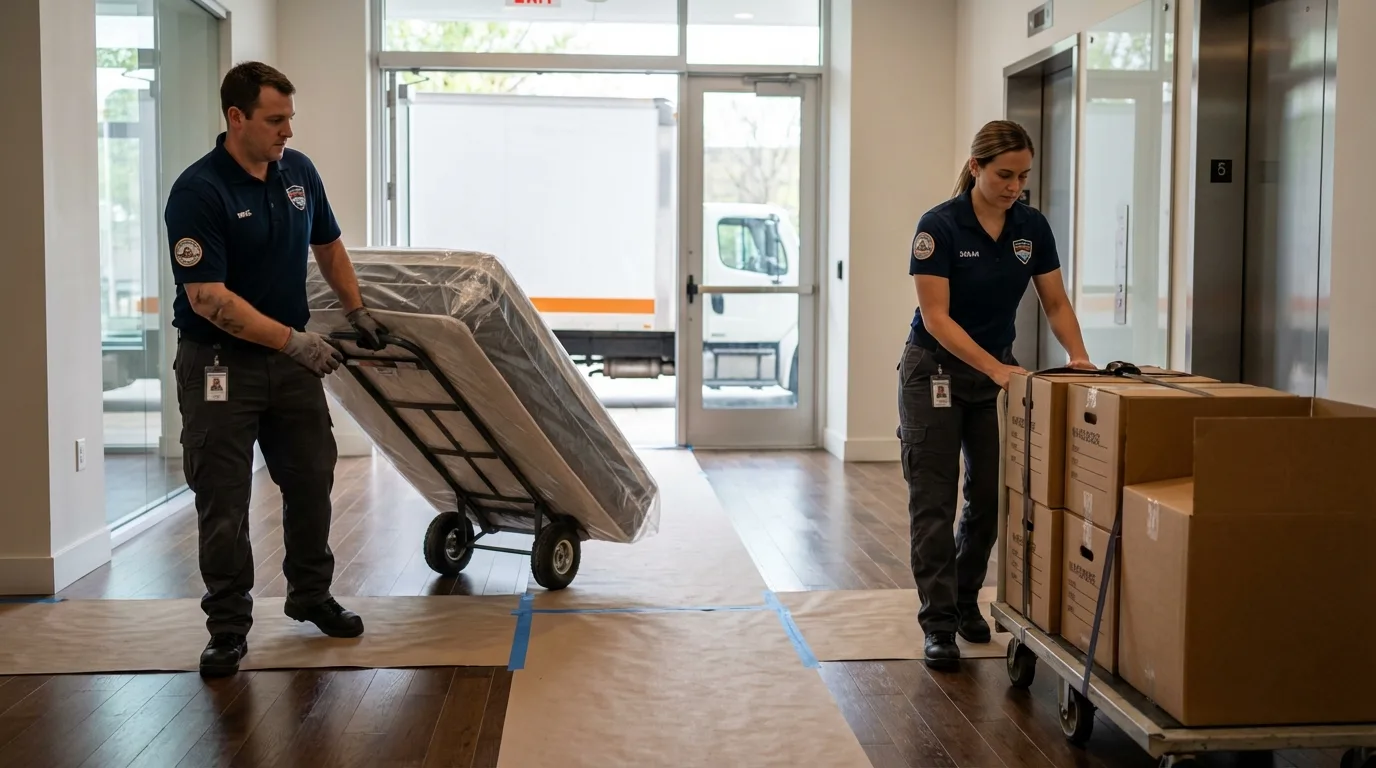 Professional apartment movers loading elevator in Edgewood, TX